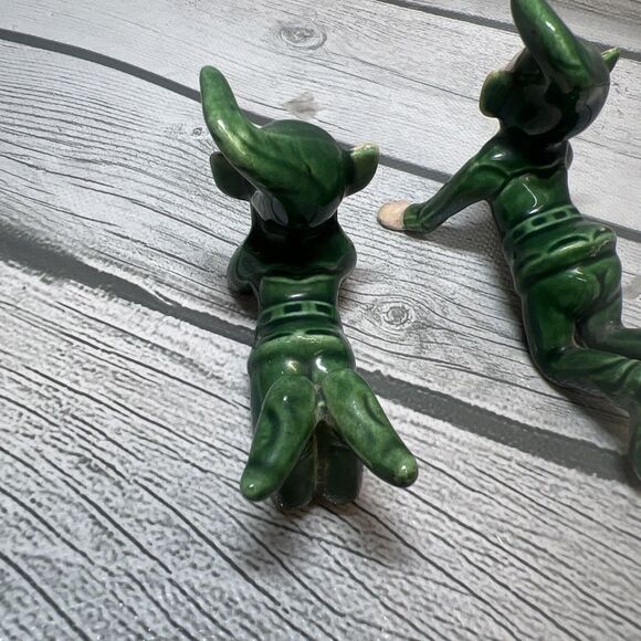 1950’s Green Set of 2 Vintage Hand Painted 4” Pixies Elf Elves Christmas - Picture 7 of 10